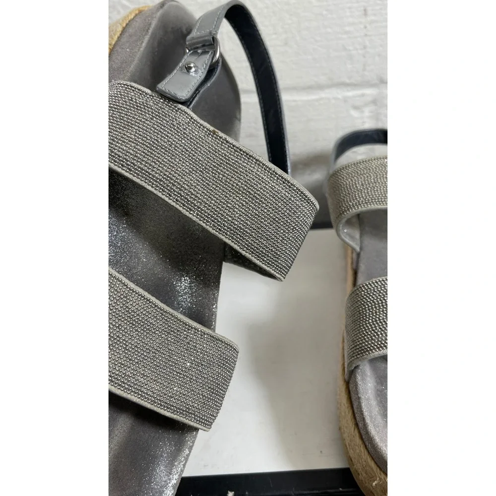 Brunello Cucinelli Metallic Silver Beaded Strap Espadrille Sandals Women's‎ 6 US